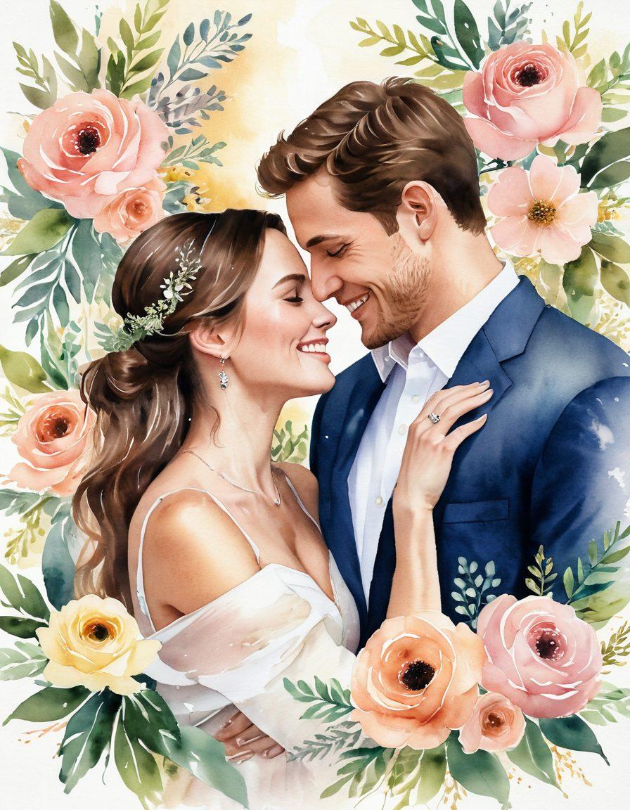 A romantic collage capturing the journey from engagement to wedding, featuring a couple in tender moments, like a proposal, laughter, and a joyous wedding ceremony. Include elements like a sparkling ring, beautiful floral arrangements, and candid shots of friends and family celebrating. Use warm lighting and soft focus to evoke emotions, creating a dreamy atmosphere. watercolor painting. pastel colors. soft textures.