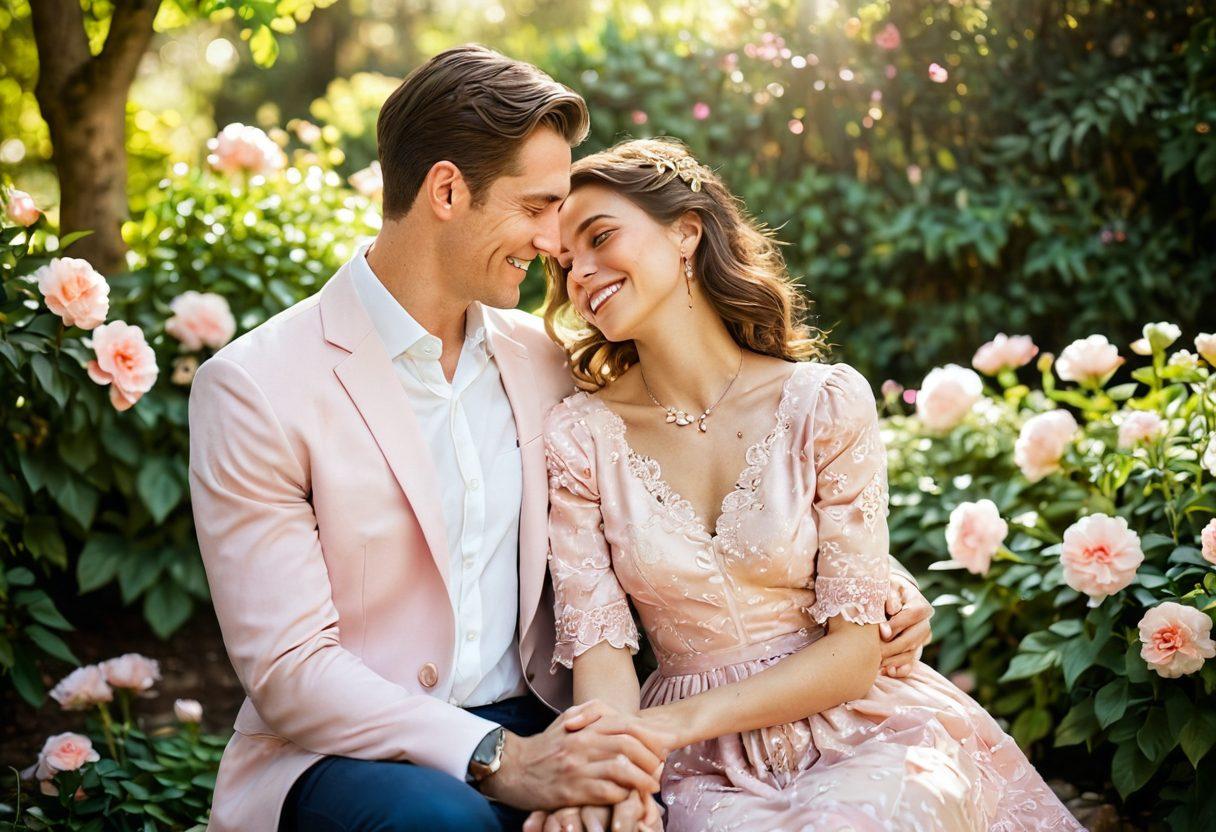 A beautifully staged couple portrait in a soft, dreamy garden filled with blooming flowers, dappled sunlight filtering through leaves, capturing their joyful connection. Include warm, romantic hues of pink and gold in the background, and intricate details like matching accessories and gentle laughter. The atmosphere should evoke a timeless love story. super-realistic. soft focus. vibrant colors.