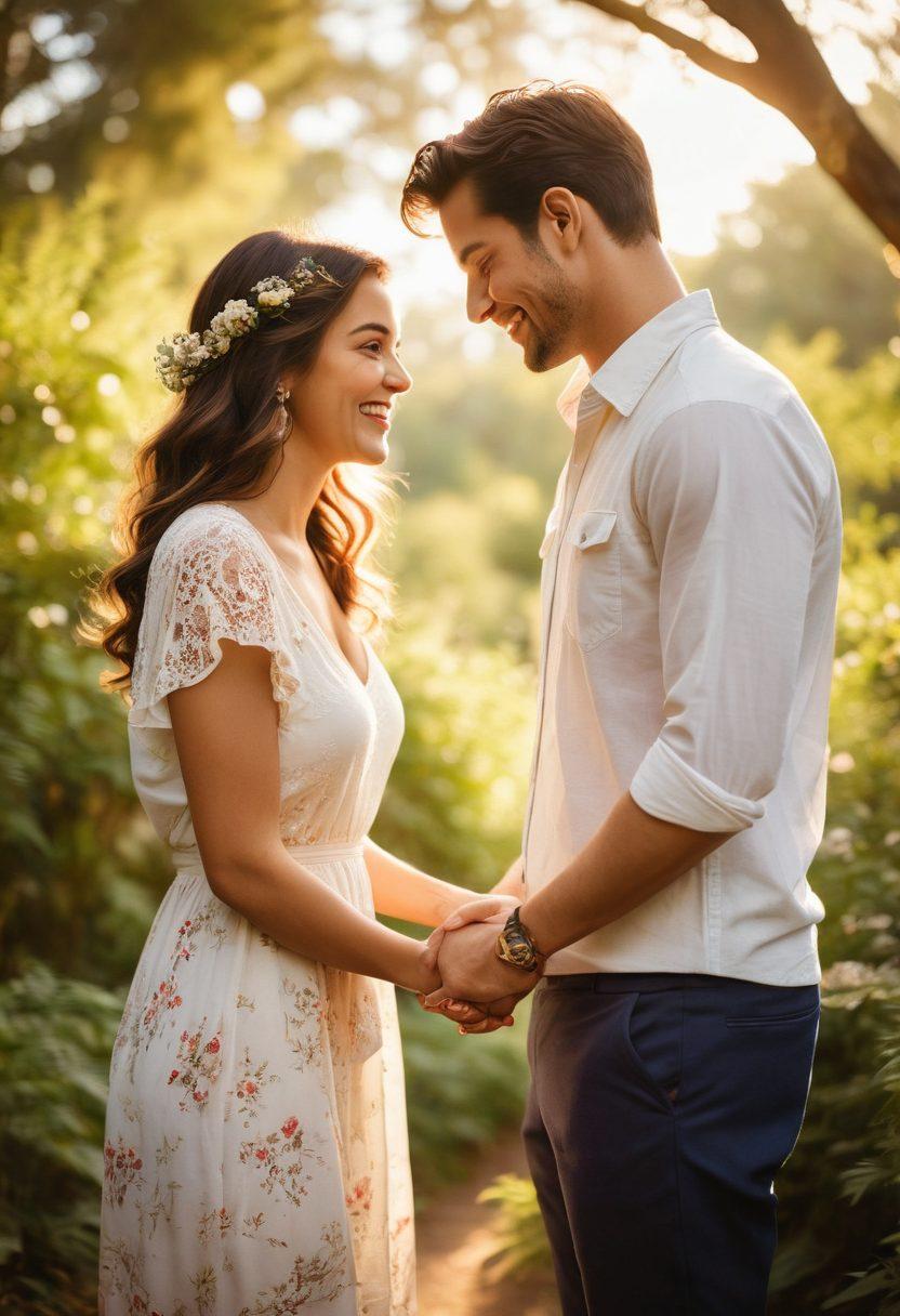 A romantic outdoor scene featuring a diverse couple surrounded by soft, golden sunlight, capturing a candid moment of laughter while holding hands. The background showcases lush greenery and blooming flowers, with a dreamy bokeh effect. Include vintage cameras and photography props artfully placed nearby, symbolizing the art of couples photography. The overall mood should evoke warmth, love, and timelessness. super-realistic. vibrant colors.
